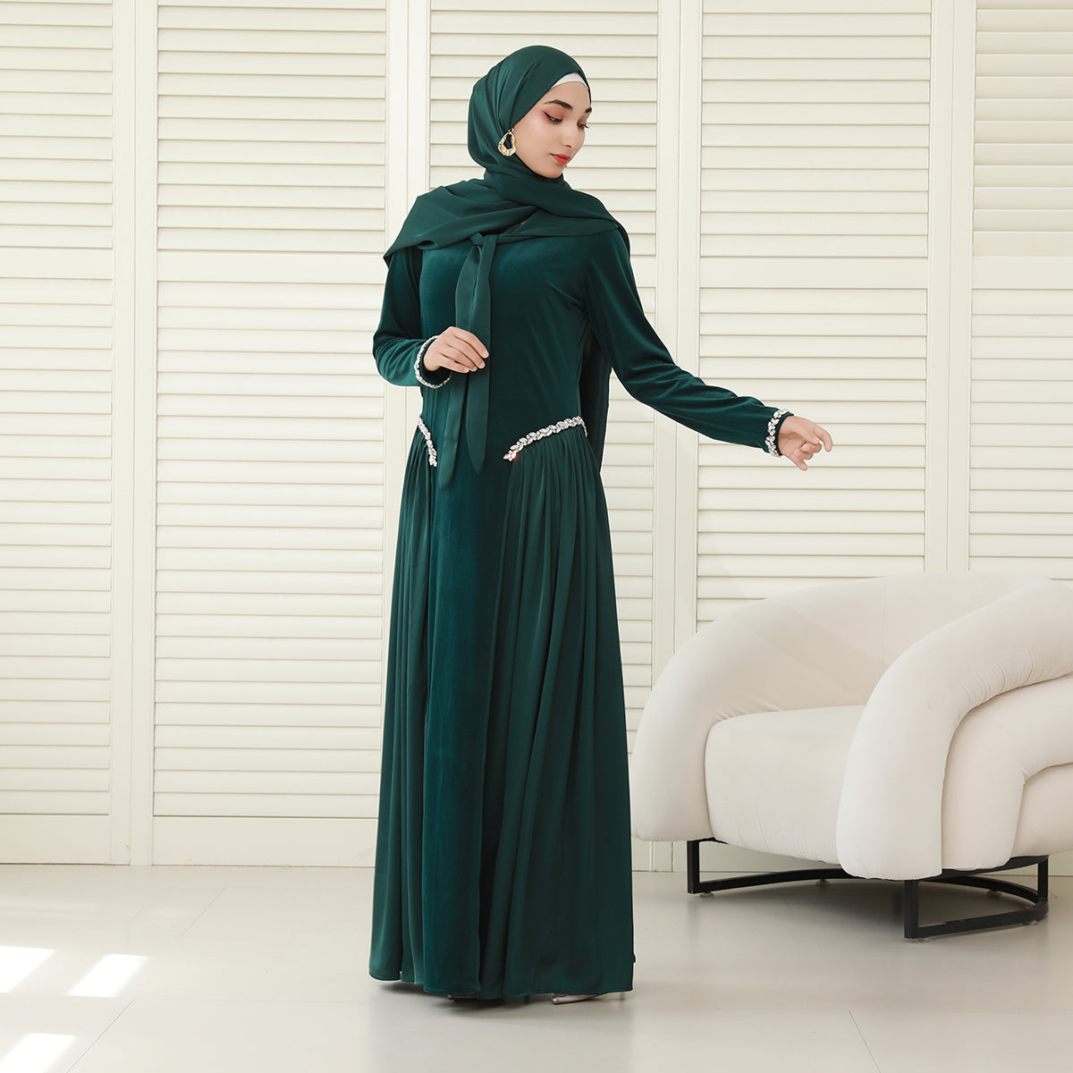 Navy Collar Velvet Satin Abaya Set with Hijab – Fall Modest Fashion (NCS016)