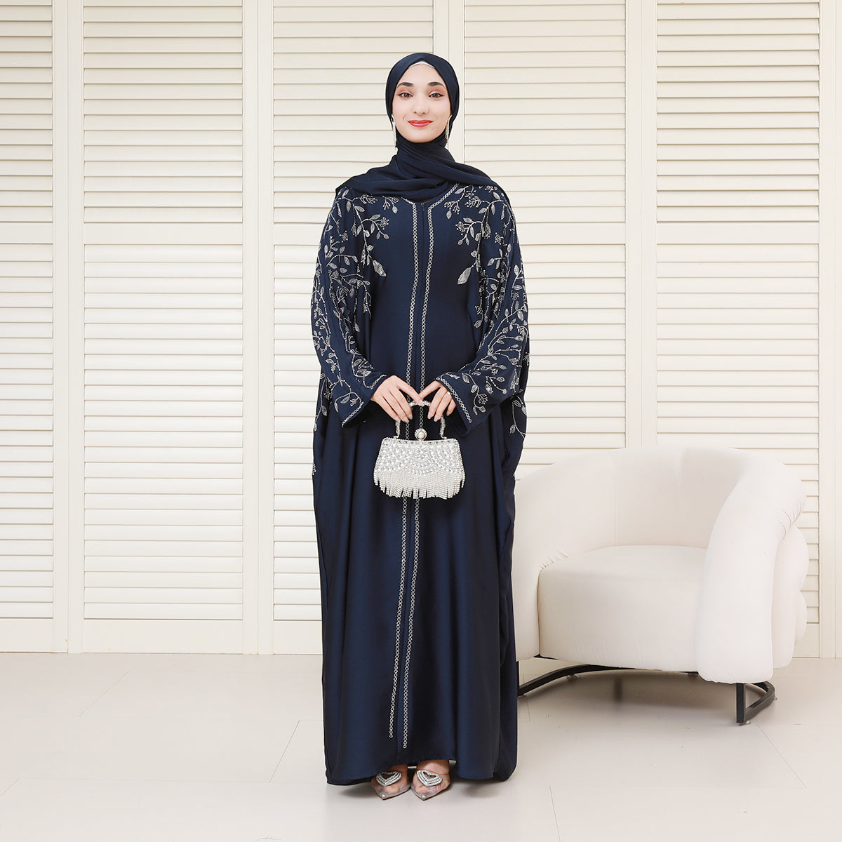 Luxury Rhinestone Zipper Abaya Dress with Built-In Belt and Hidden Snap Cuffs – Modest Maxi Dress with Pockets (NCS020)
