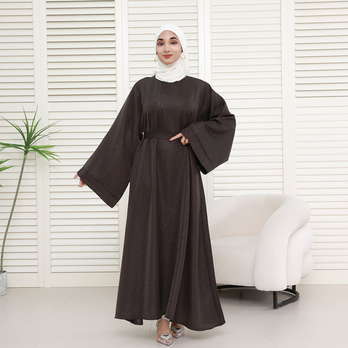 Elegant 3D Jacquard Brocade Belted Maxi Dress Abaya– Luxury Satin Gown for Formal Occasions(NCA019)