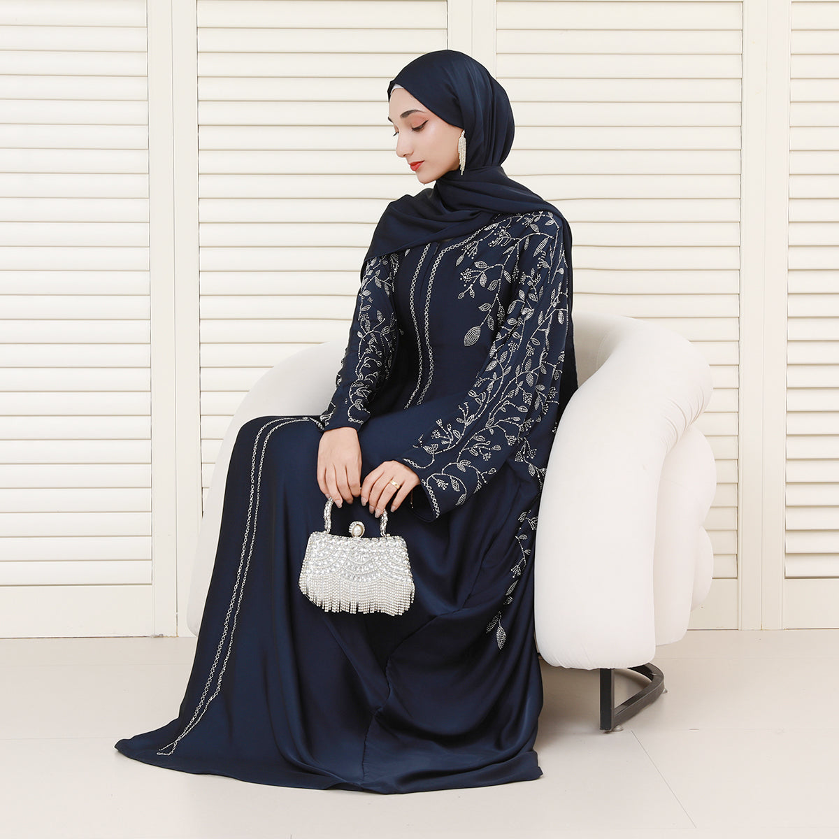 Luxury Rhinestone Zipper Abaya Dress with Built-In Belt and Hidden Snap Cuffs – Modest Maxi Dress with Pockets (NCS020)