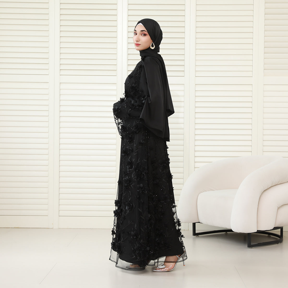 4-Piece 3D Floral Applique Abaya Set with Sheer Overlay – Elegant Occasionwear for Muslim Women-Preorder (NCS012)