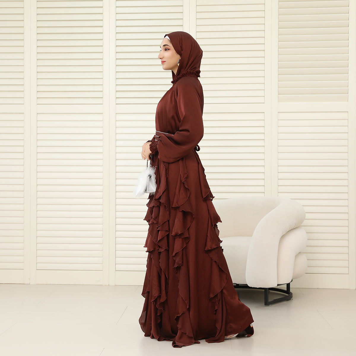 3-Piece Pleated Satin Ruffle Abaya with Crystal Belt & Hijab (NCS015)