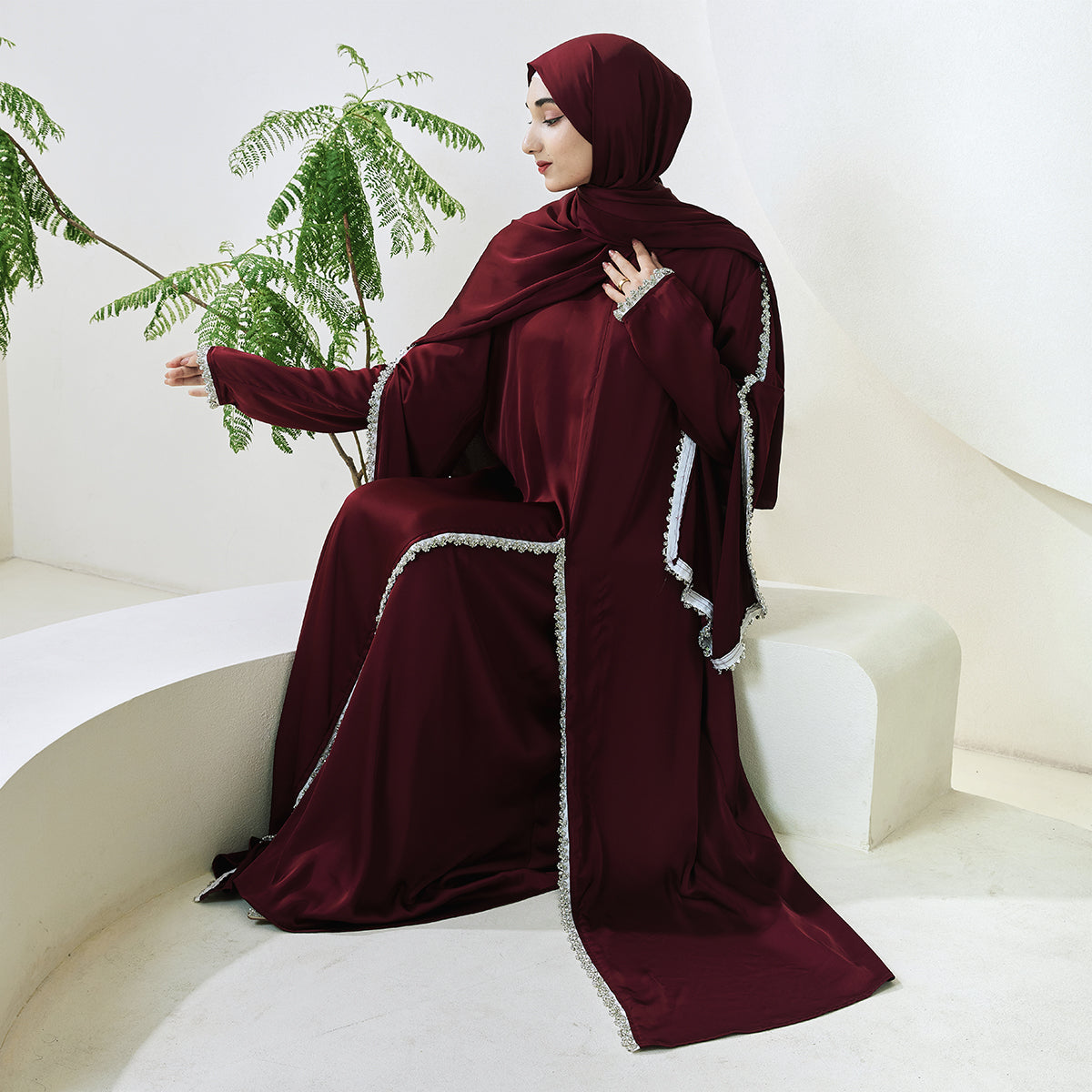Rhinestone-Trim Inner Dress & Zippered Cape Abaya Set – Pre-Order (NCS011)
