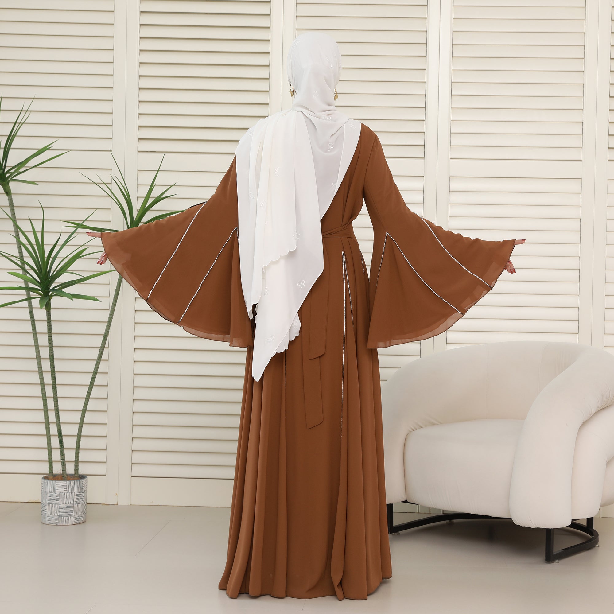 Elegant Bell Sleeve Maxi Abaya with Matching Hijab – Flowing Chiffon with Silver Trim(NCS019)