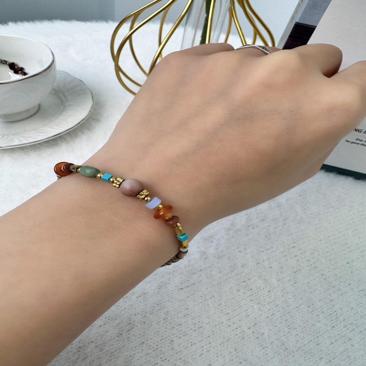 Boho Raw Gemstone Beaded Bracelet – Handmade Natural Stone Jewelry for Women(NCJ002)