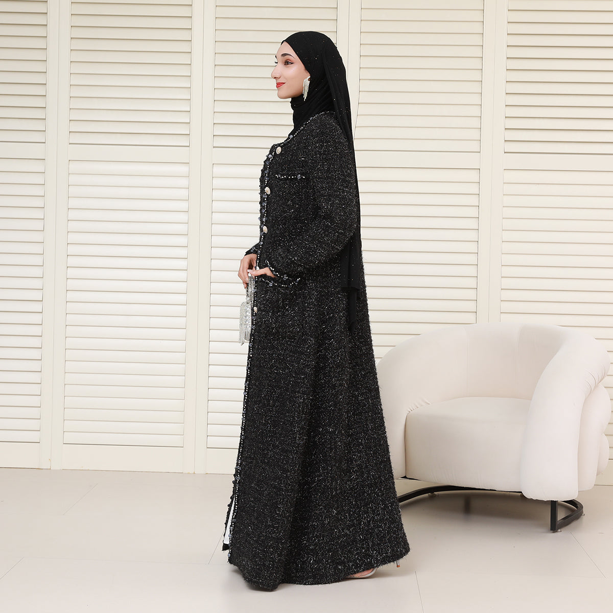 Wool Blend Winter Tweed Abaya Coat with Rhinestone Trim – Elegant Chanel-Inspired Modest Outerwear(NCC001)