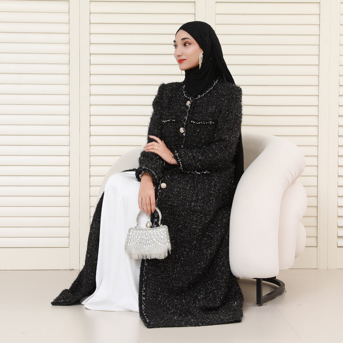 Wool Blend Winter Tweed Abaya Coat with Rhinestone Trim – Elegant Chanel-Inspired Modest Outerwear(NCC001)