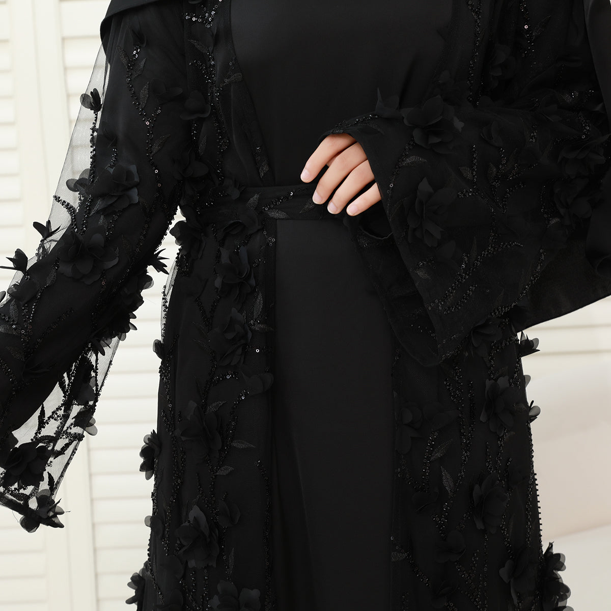 4-Piece 3D Floral Applique Abaya Set with Sheer Overlay – Elegant Occasionwear for Muslim Women-Preorder (NCS012)