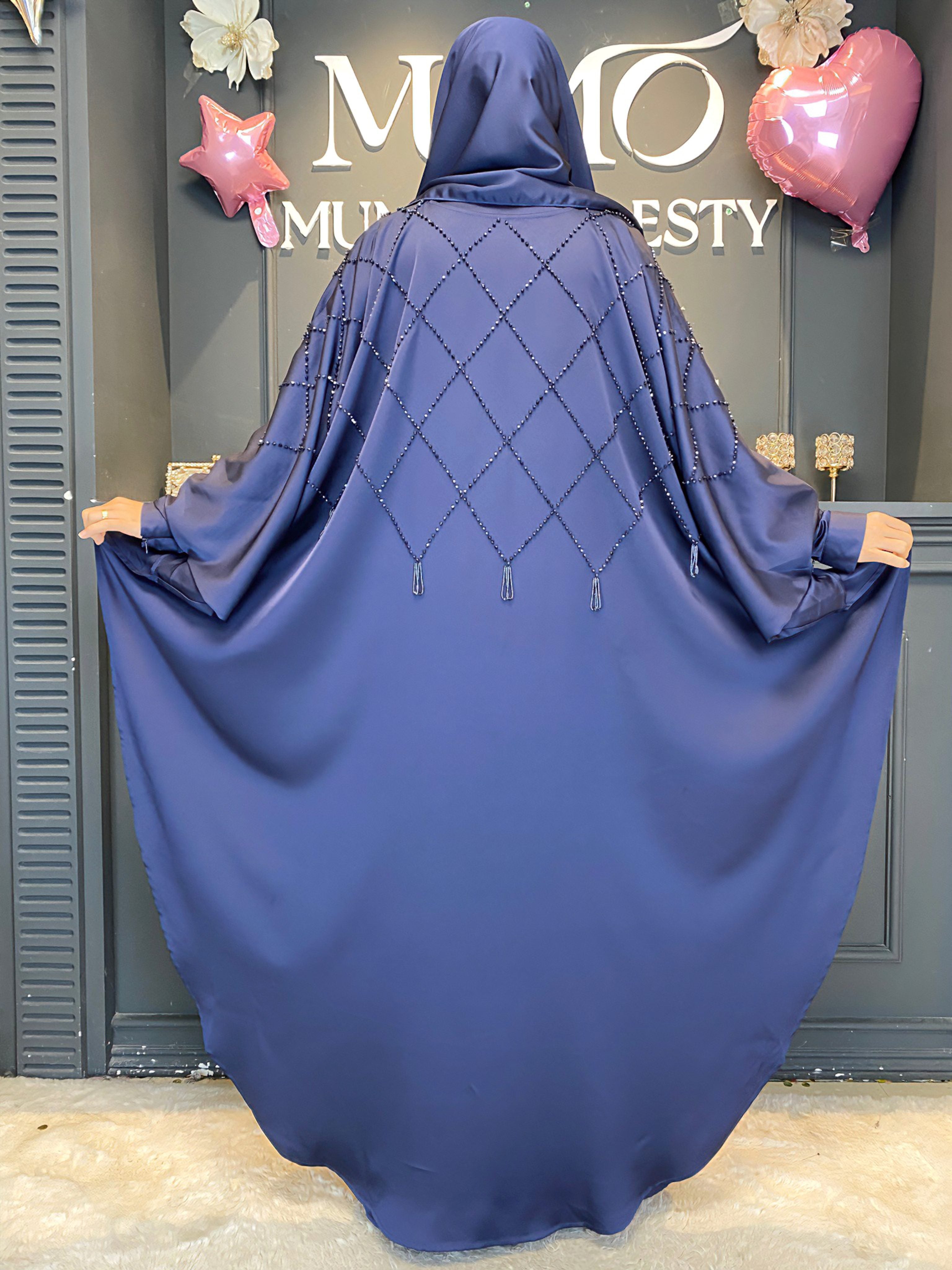 Ramadan 3-Piece Satin Abaya Set – Handmade Beaded Open Abaya with Inner Dress & Hijab (NCS021)
