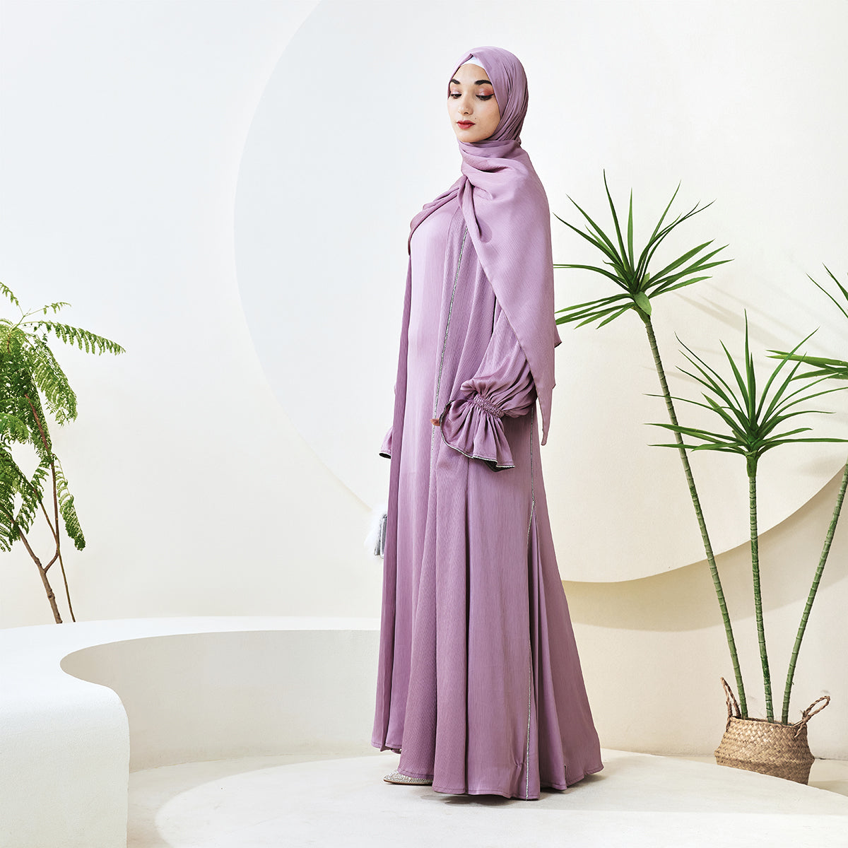 3-Piece Ruffle Sleeve Haiya Abaya Set with Sparkling Rhinestone (NCS006)
