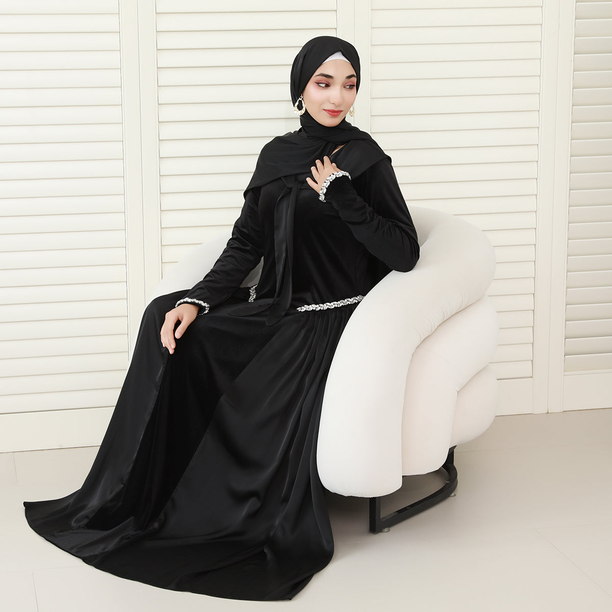 Navy Collar Velvet Satin Abaya Set with Hijab – Fall Modest Fashion (NCS016)