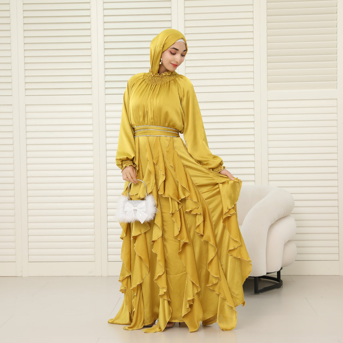 3-Piece Pleated Satin Ruffle Abaya with Crystal Belt & Hijab (NCS015)
