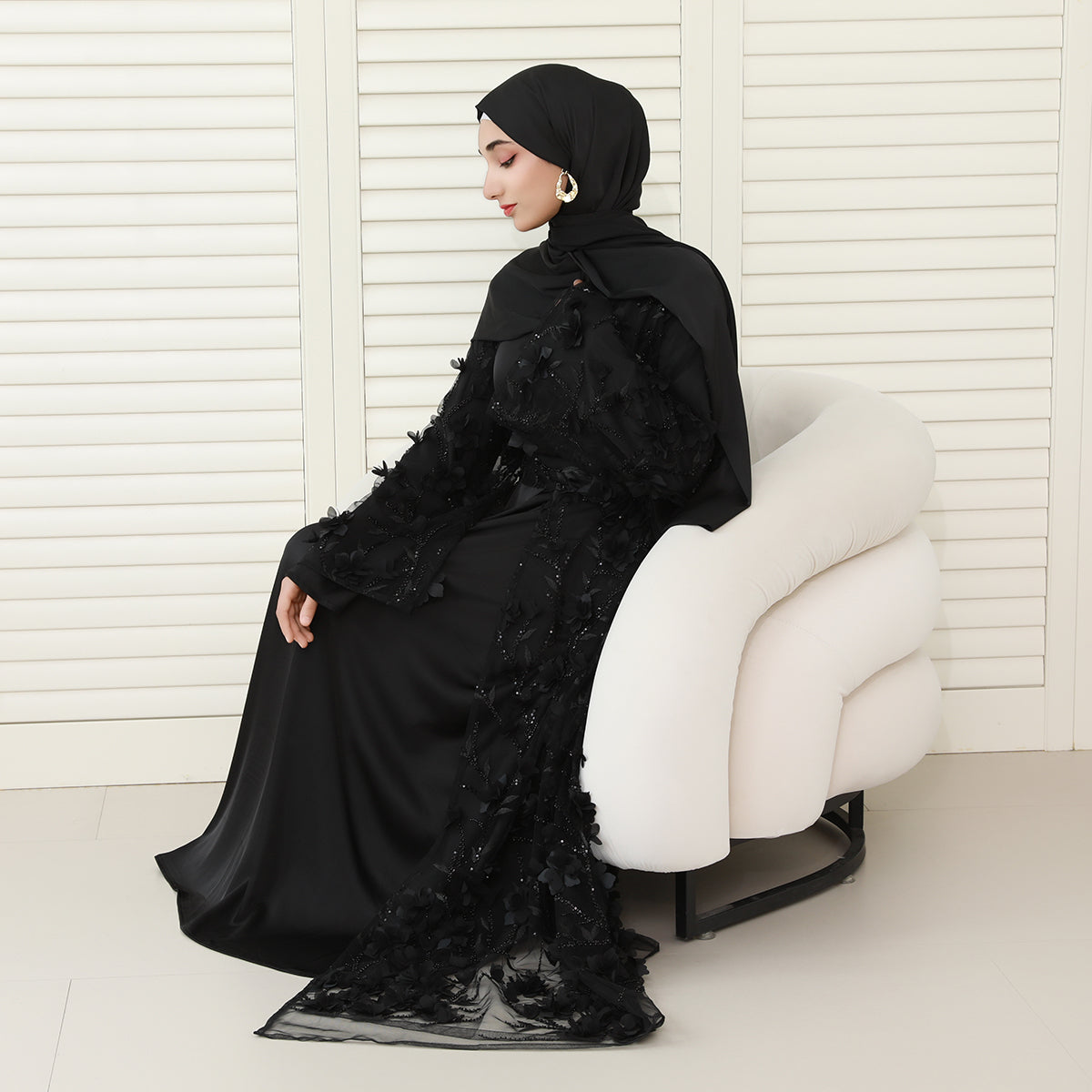 4-Piece 3D Floral Applique Abaya Set with Sheer Overlay – Elegant Occasionwear for Muslim Women-Preorder (NCS012)
