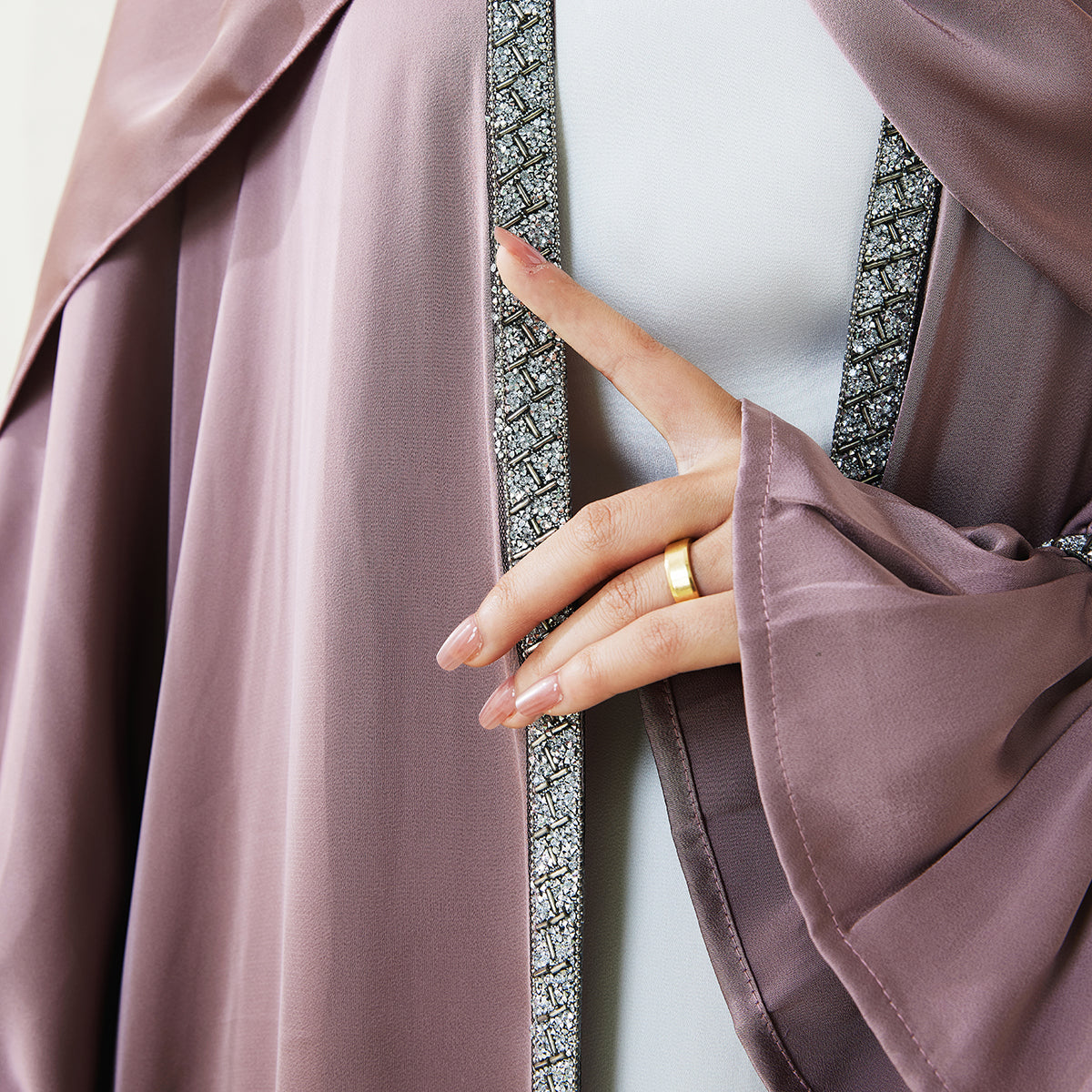 Poet Sleeve Satin Open Abaya With Matching Belt and Hijab(NCS007)