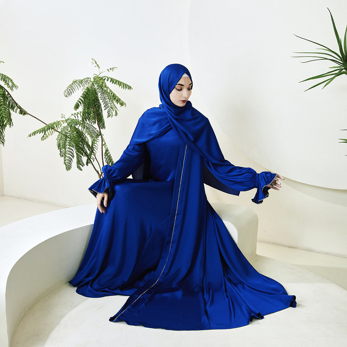 3-Piece Ruffle Sleeve Haiya Abaya Set with Sparkling Rhinestone (NCS006)