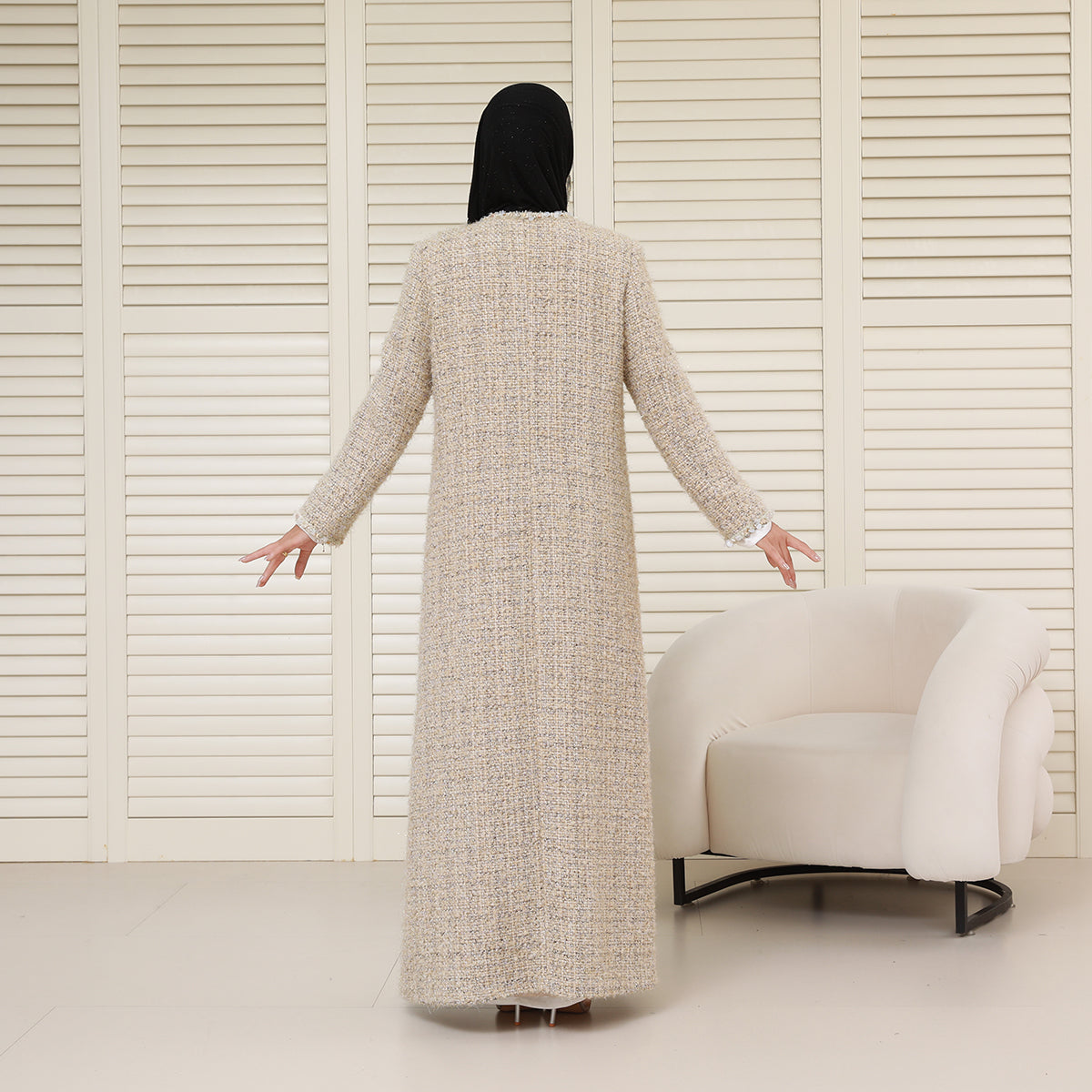 Wool Blend Winter Tweed Abaya Coat with Rhinestone Trim – Elegant Chanel-Inspired Modest Outerwear(NCC001)