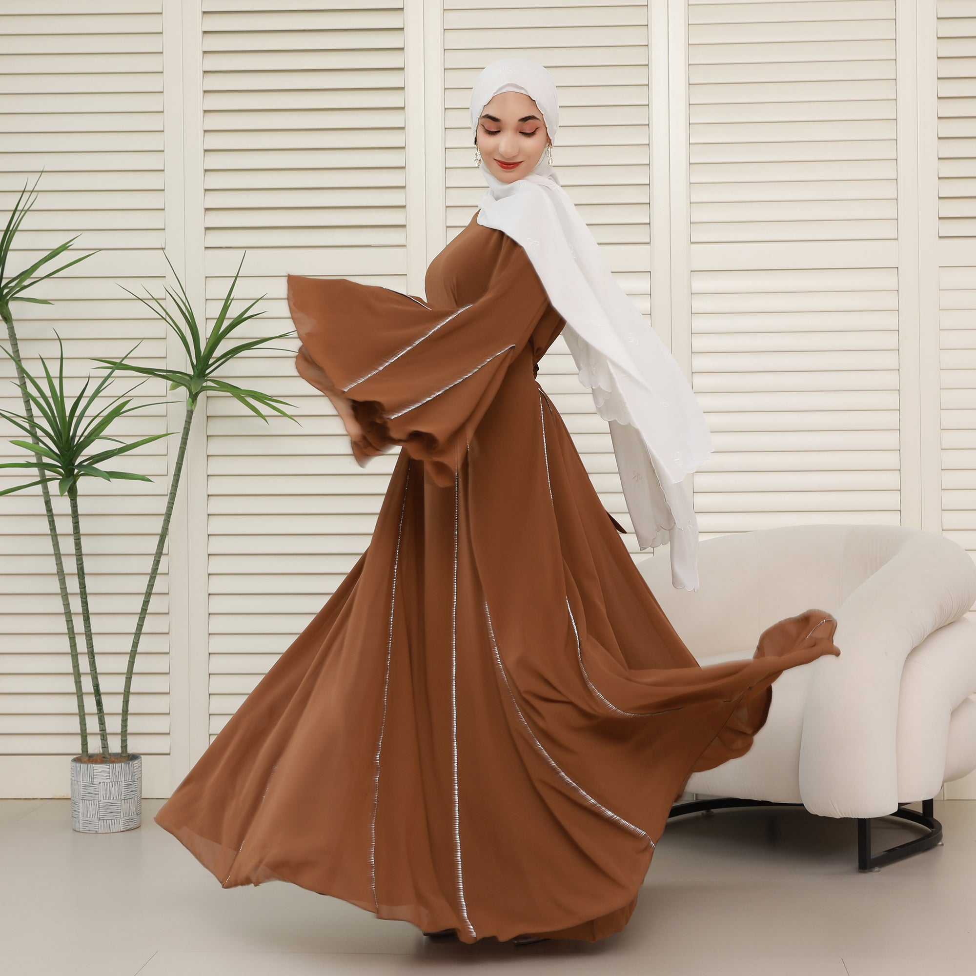 Elegant Bell Sleeve Maxi Abaya with Matching Hijab – Flowing Chiffon with Silver Trim(NCS019)