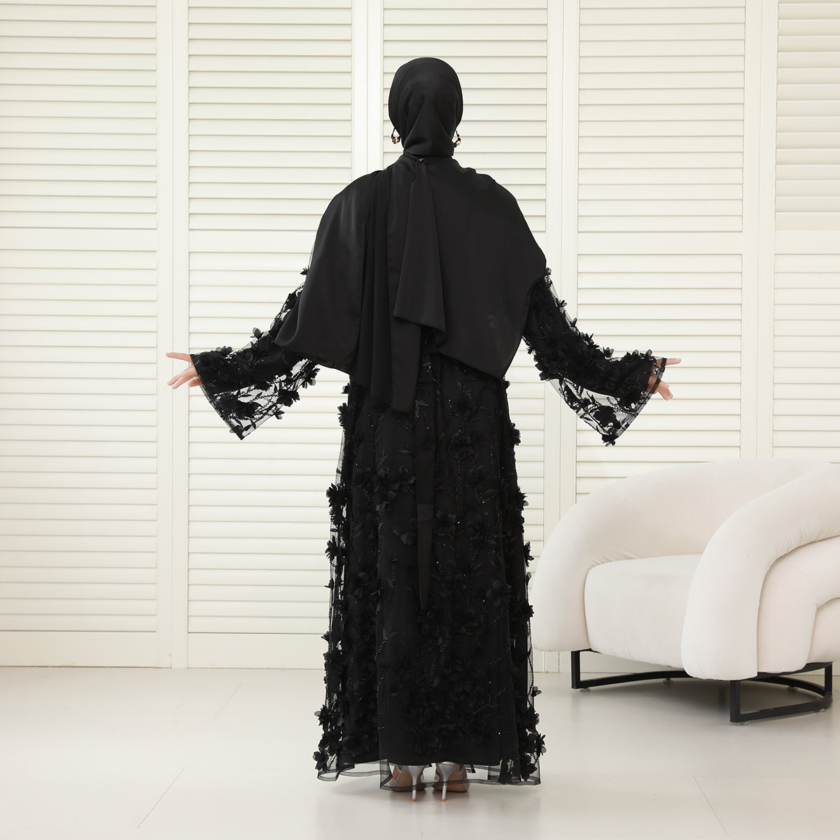 4-Piece 3D Floral Applique Abaya Set with Sheer Overlay – Elegant Occasionwear for Muslim Women-Preorder (NCS012)