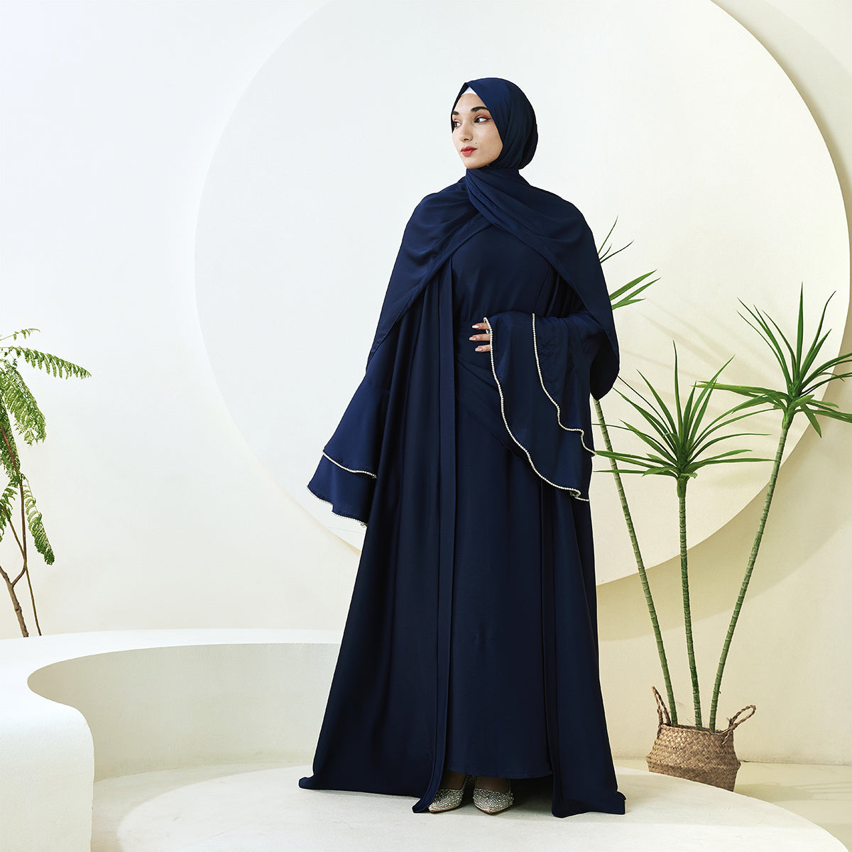 Crepe Satin Ruffle Sleeve Abaya, 5-Piece Set (NCS003)
