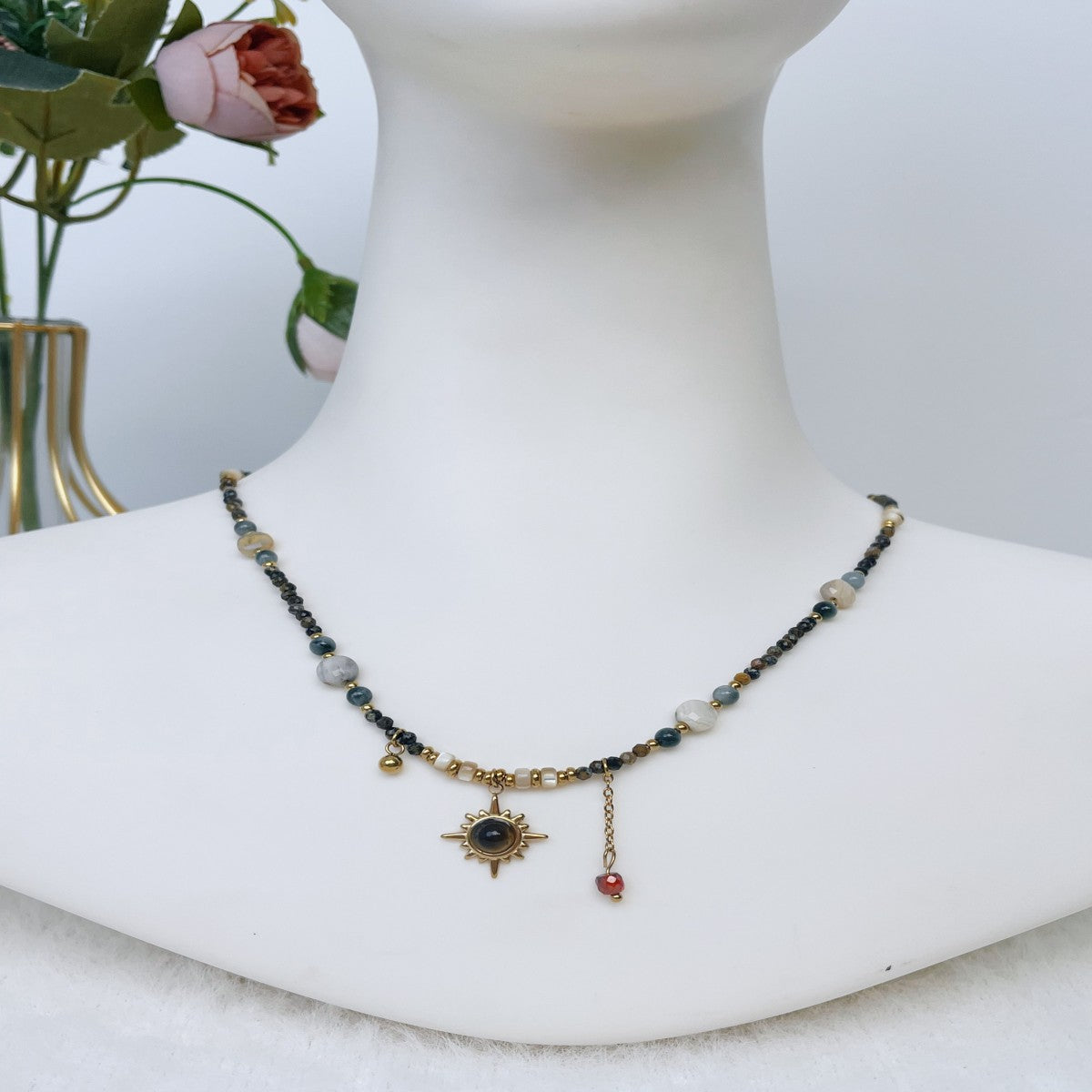 Boho Raw Stone Beaded Necklace with Vintage Sun Pendant – Handmade Natural Gemstone Jewelry for Women(NCJ001)