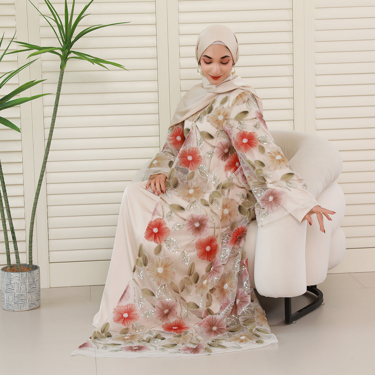 Floral Embroidered 4-Piece Abaya Set – Luxury Occasionwear Modest Dress (NCS013)