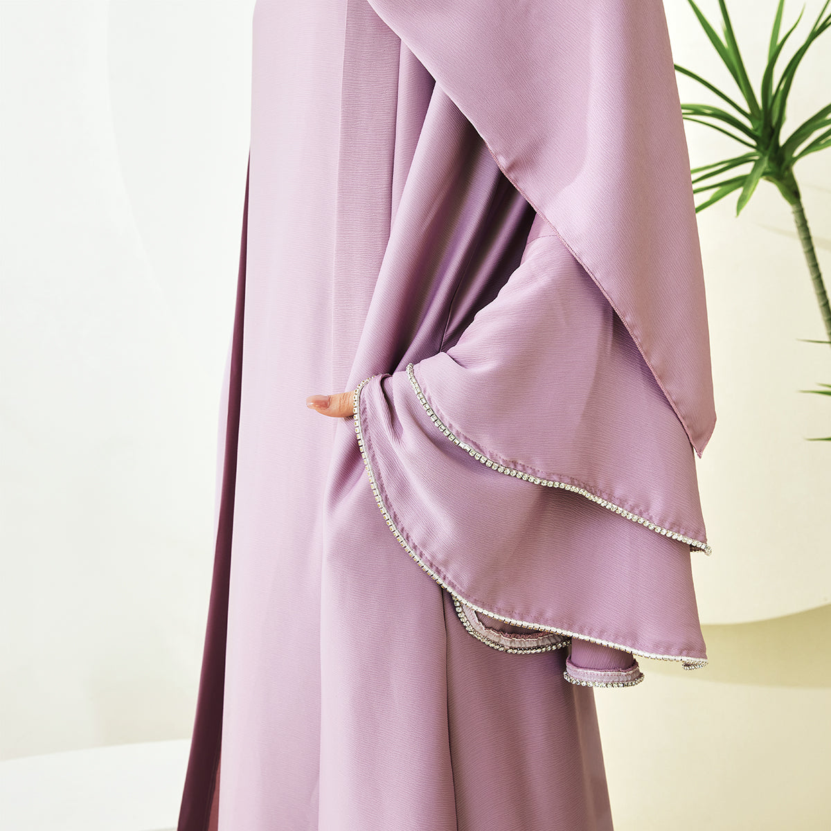 Crepe Satin Ruffle Sleeve Abaya, 5-Piece Set (NCS003)