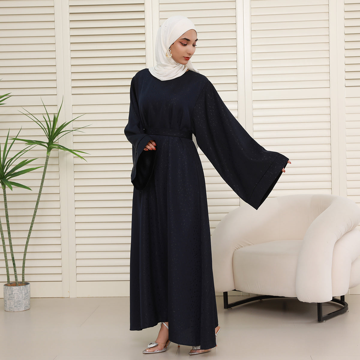 Elegant 3D Jacquard Brocade Belted Maxi Dress Abaya– Luxury Satin Gown for Formal Occasions(NCA019)