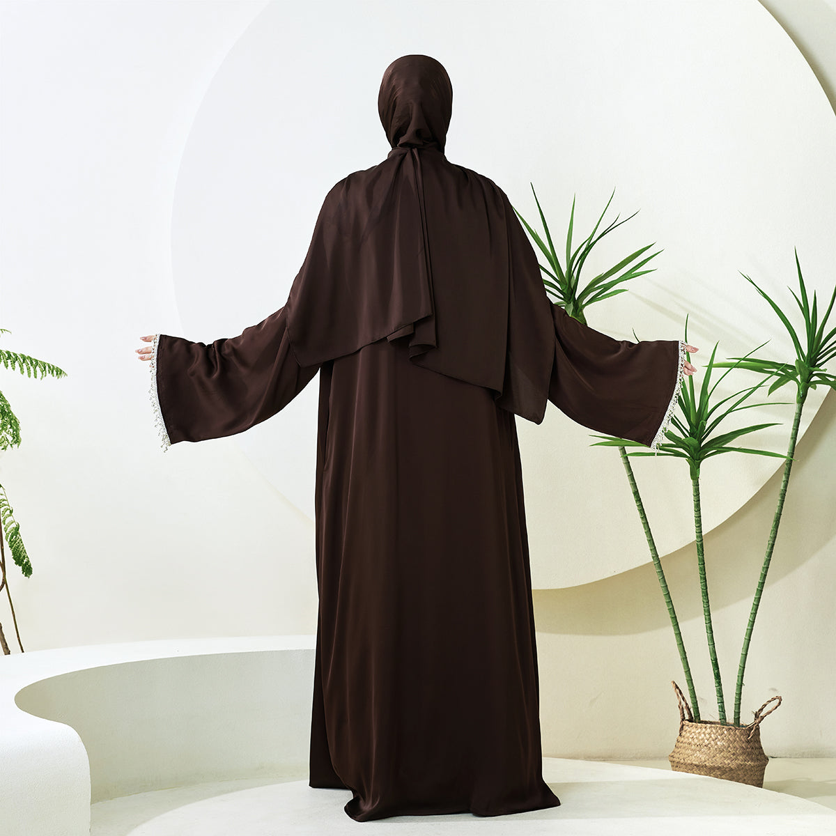 Satin Abaya With Diamond Tassels Belt, 4-Piece Set (NCS004)