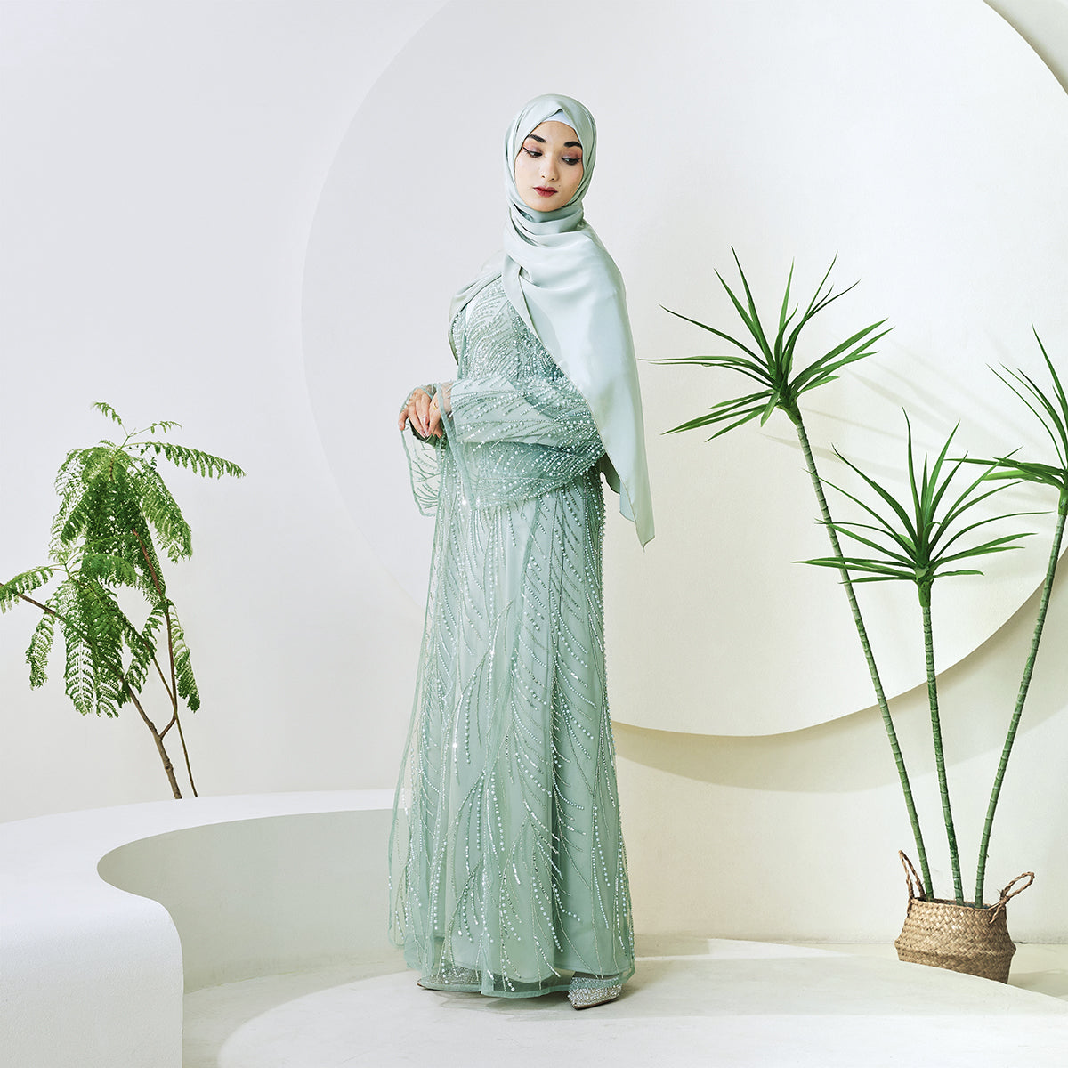 3-Piece Bridal Abaya Set with Pearl‑Embellished Organza Overlay PREORDER(NCS010)
