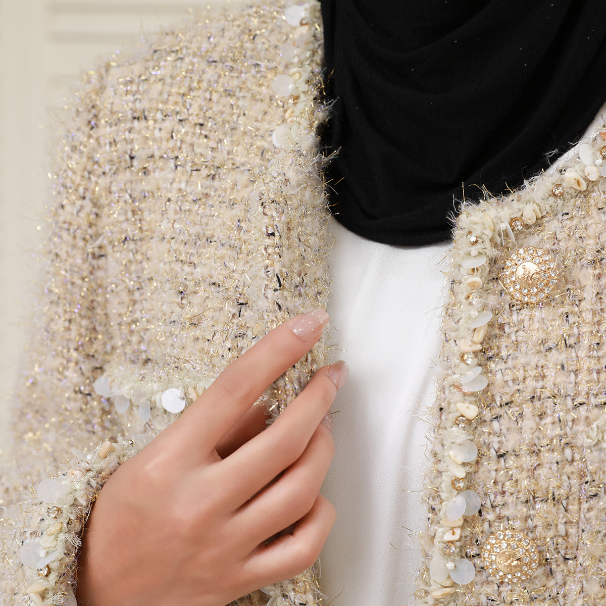 Wool Blend Winter Tweed Abaya Coat with Rhinestone Trim – Elegant Chanel-Inspired Modest Outerwear(NCC001)