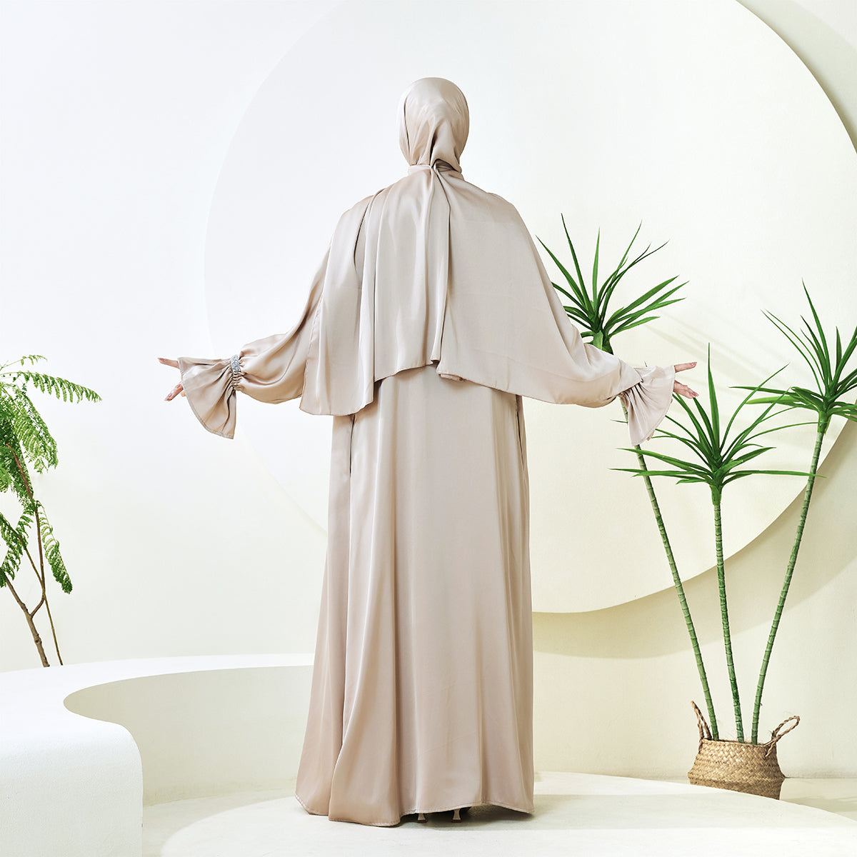 Poet Sleeve Satin Open Abaya With Matching Belt and Hijab(NCS007)