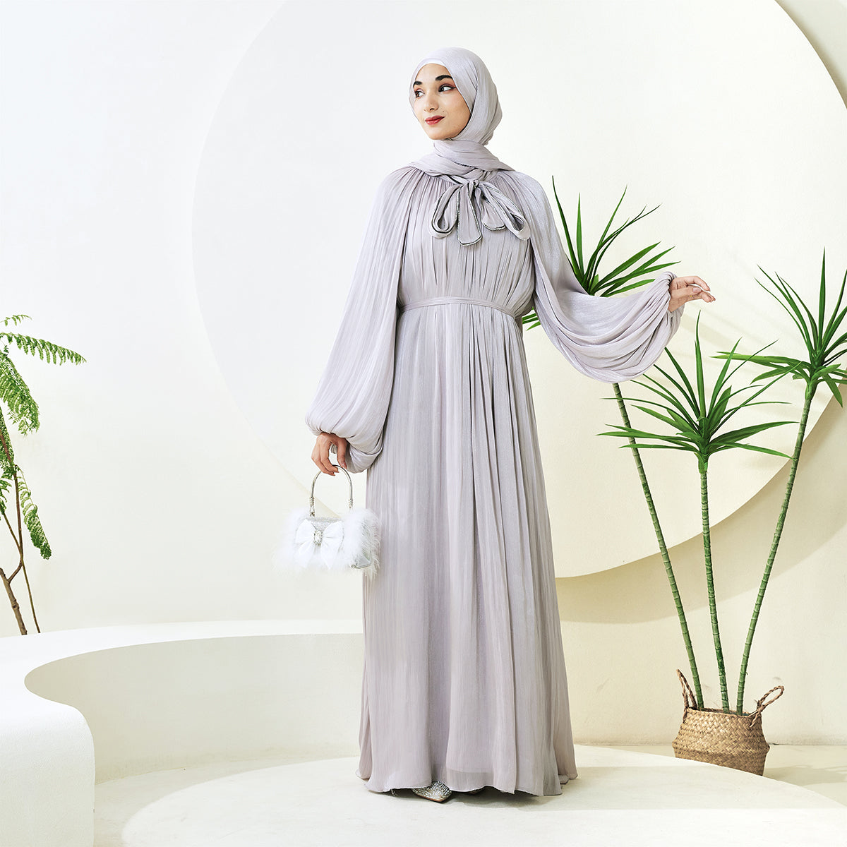 Haffafa Armani Satin Abaya Set – Modest Dress with Matching Belt & Hijab(NCS002)