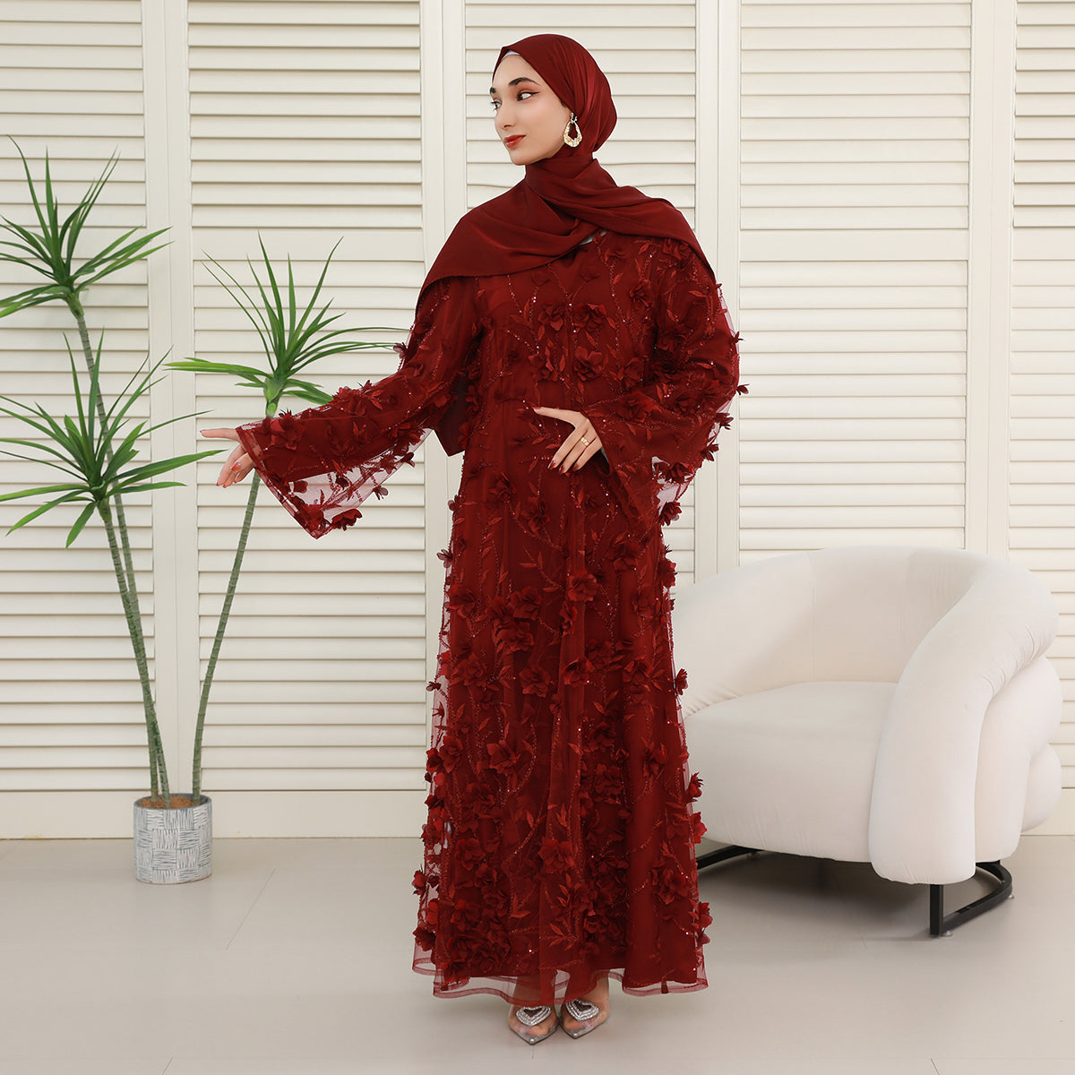 4-Piece 3D Floral Applique Abaya Set with Sheer Overlay Elegant Occasionwear for Muslim Women-Preorder (NCS012) 4-Piece 3D Floral Applique Abaya Set with Sheer Overlay Elegant Occasionwear for Muslim Women-Preorder (NCS012)