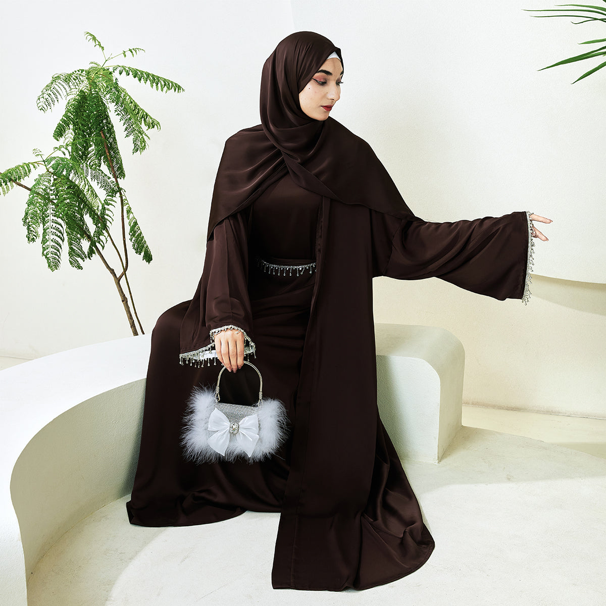 Satin Abaya With Diamond Tassels Belt, 4-Piece Set (NCS004)