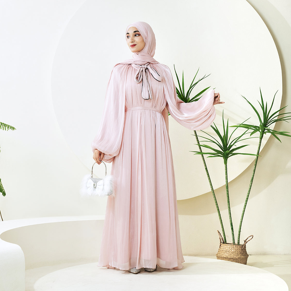 Haffafa Armani Satin Abaya Set – Modest Dress with Matching Belt & Hijab(NCS002)