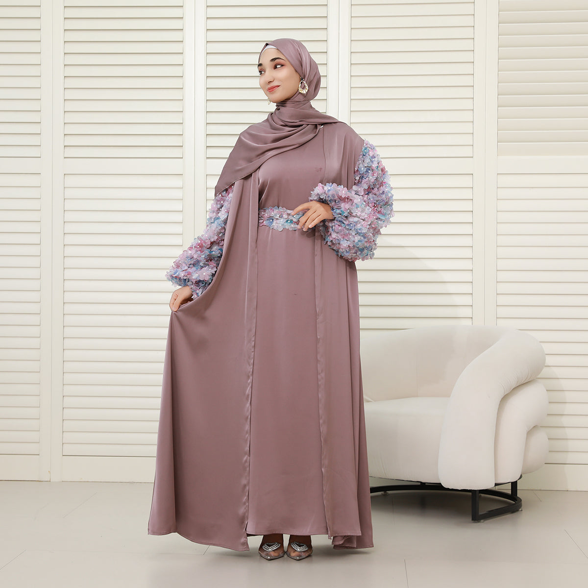 Pastel 3D Floral Sleeve 4-Piece Abaya Set – Elegant Occasionwear Modest Dress (NCS014)
