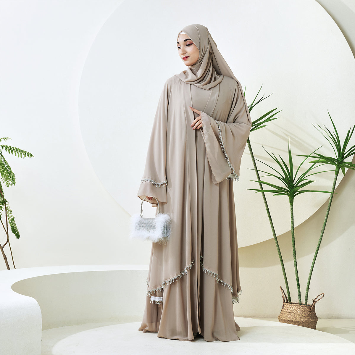 Elegant Chiffon Diamond Tassels Abaya Four - piece Set(NCS001)