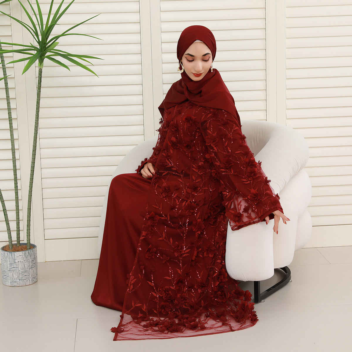4-Piece 3D Floral Applique Abaya Set with Sheer Overlay – Elegant Occasionwear for Muslim Women-Preorder (NCS012)