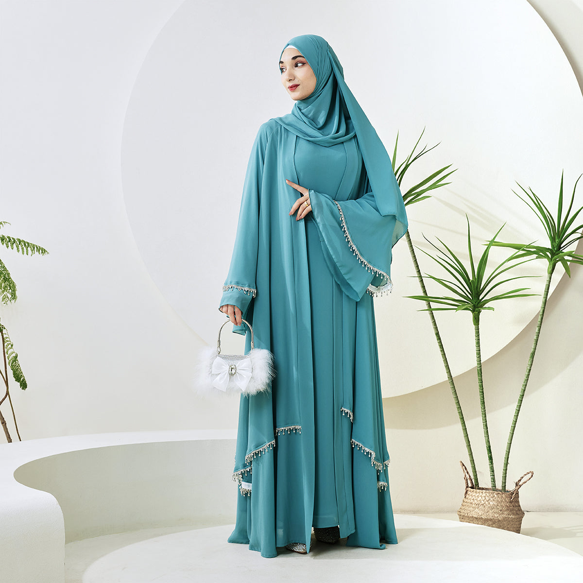 Elegant Chiffon Diamond Tassels Abaya Four - piece Set(NCS001)