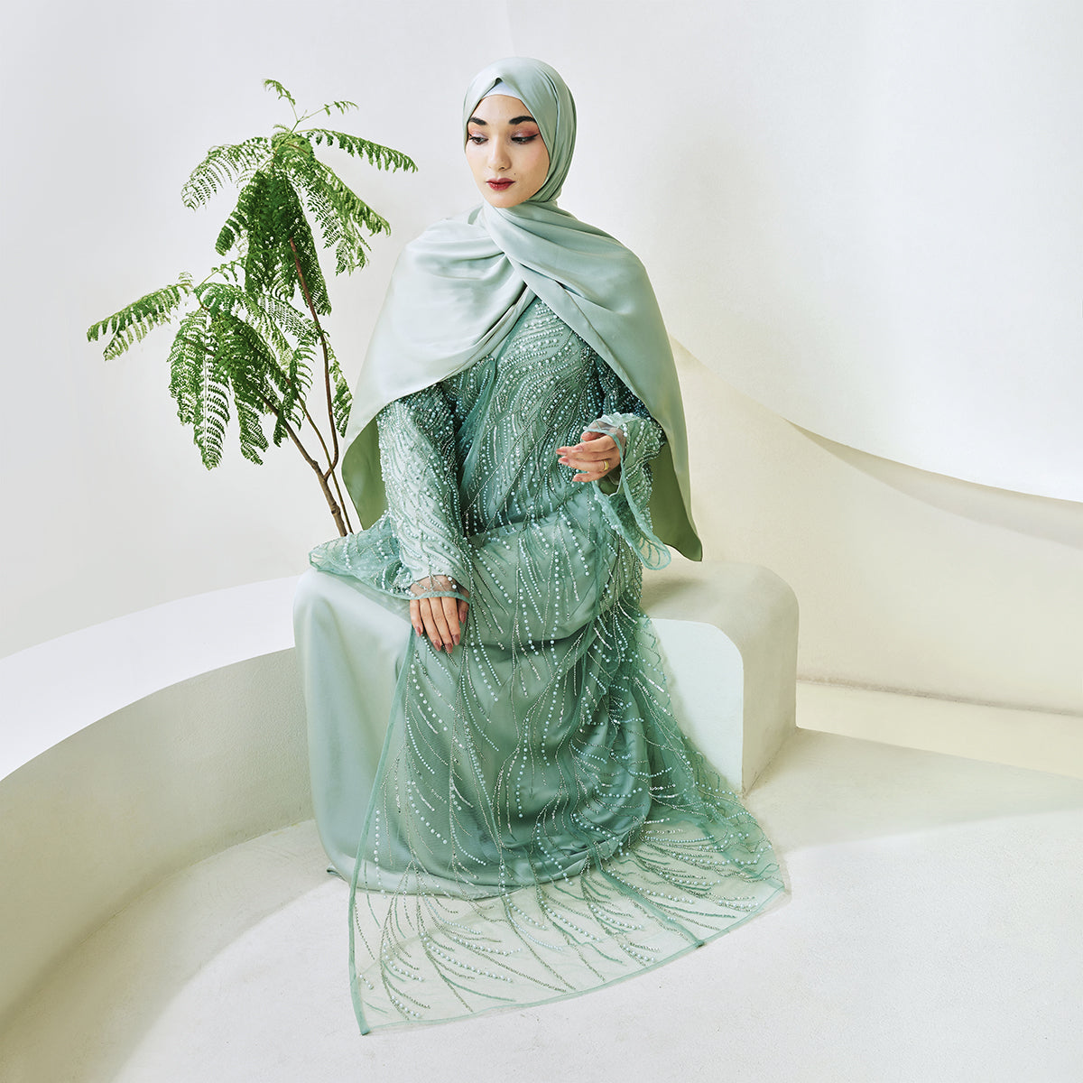 3-Piece Bridal Abaya Set with Pearl‑Embellished Organza Overlay PREORDER(NCS010)