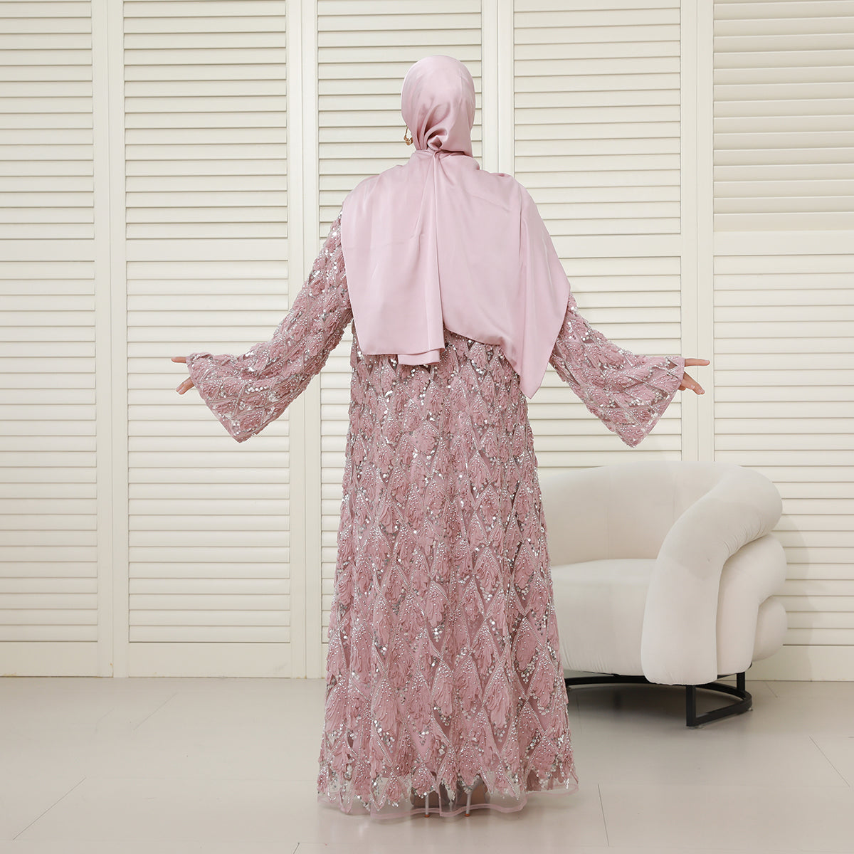 Luxury Bridal-Inspired 4-Piece Abaya Set with Pearl & Crystal Floral Embroidery (NCS017)