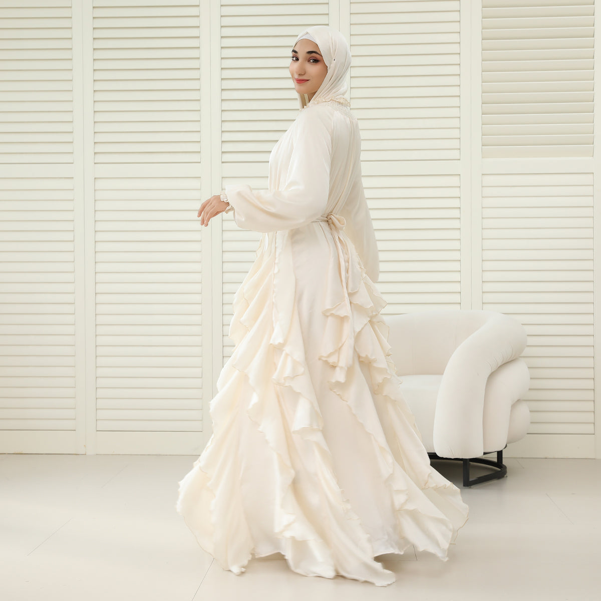 3-Piece Pleated Satin Ruffle Abaya with Crystal Belt & Hijab (NCS015)