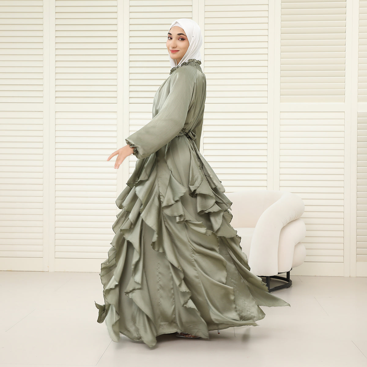 3-Piece Pleated Satin Ruffle Abaya with Crystal Belt & Hijab (NCS015)