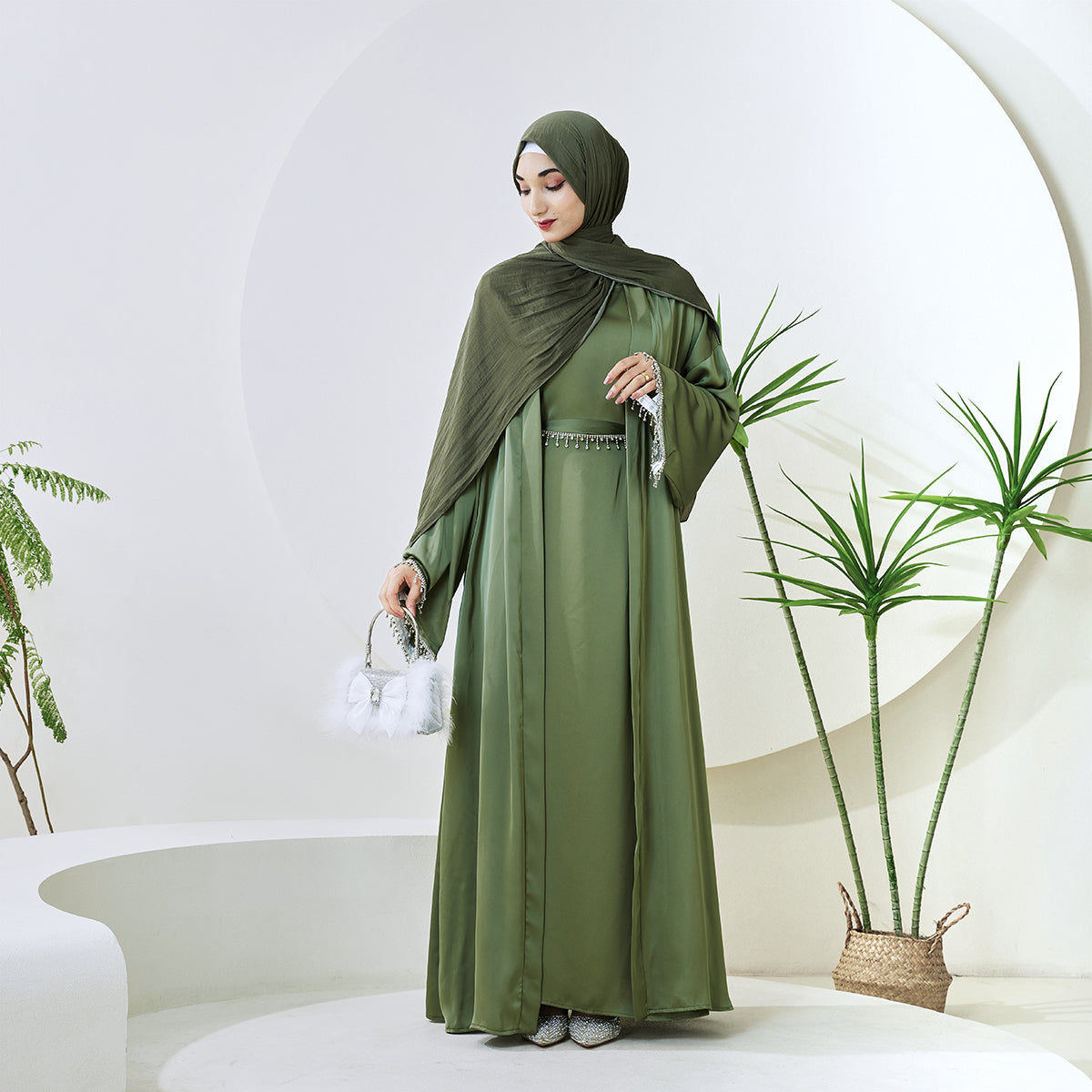 Satin Abaya With Diamond Tassels Belt, 4-Piece Set (NCS004)
