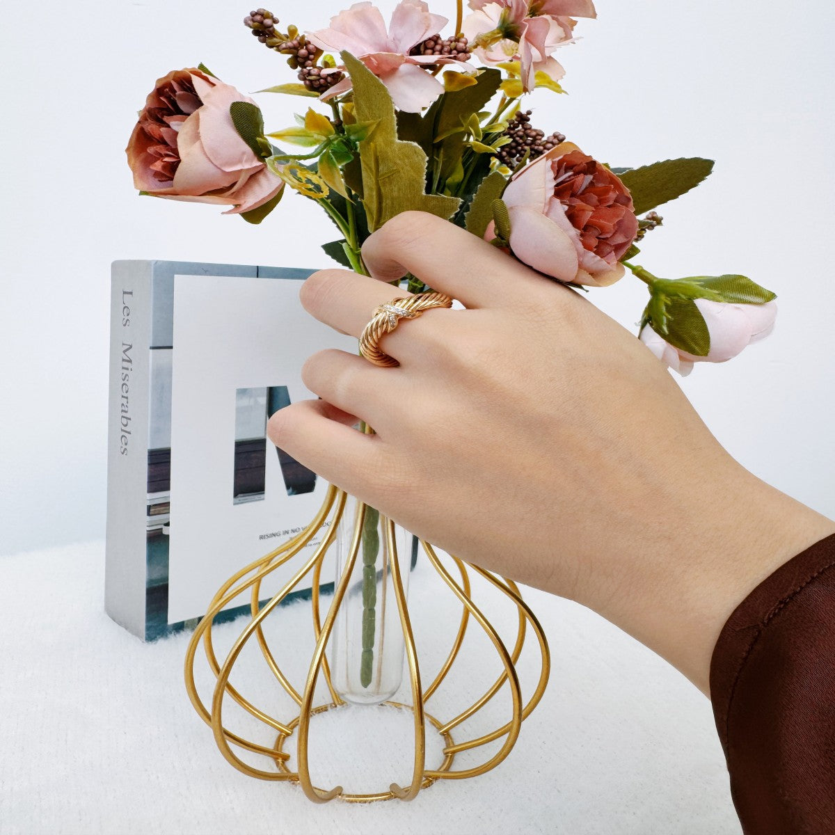 Gold Twisted Rope Ring with Crystal Accents – Adjustable Open Band Ring for Women(NCJ006)