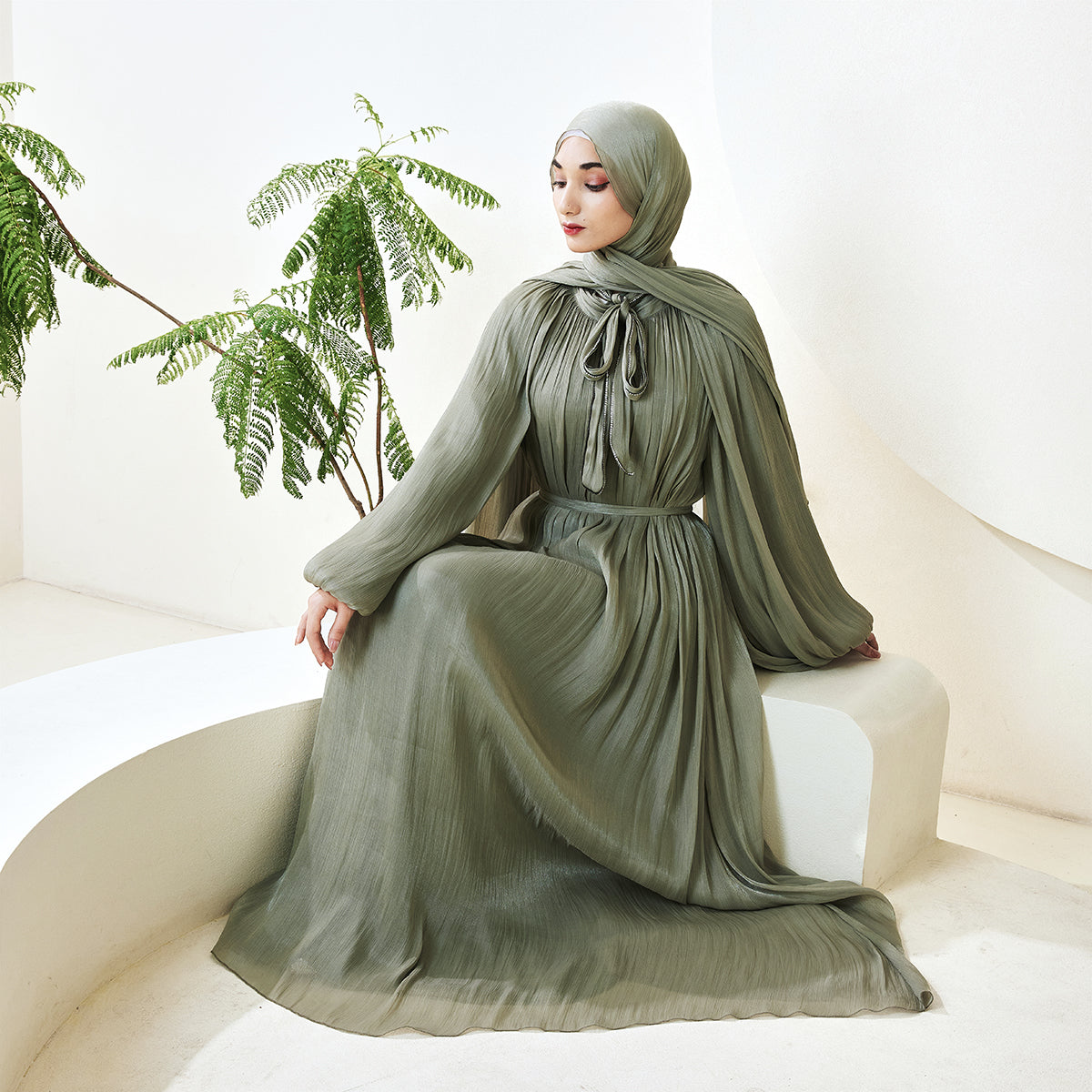 Haffafa Armani Satin Abaya Set – Modest Dress with Matching Belt & Hijab(NCS002)