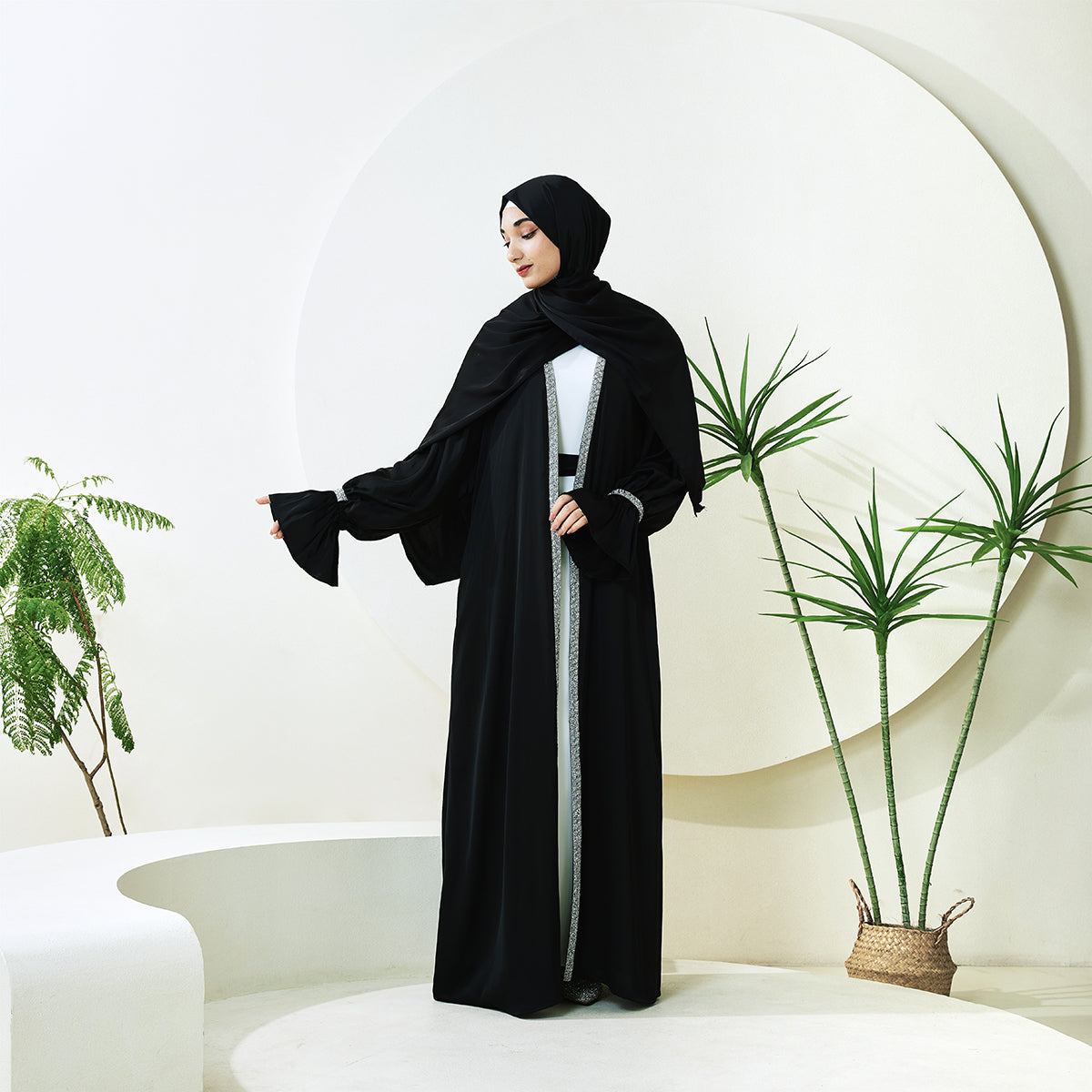Poet Sleeve Satin Open Abaya With Matching Belt and Hijab(NCS007)