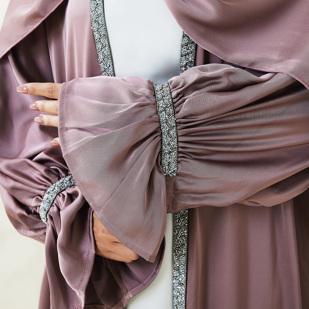 Poet Sleeve Satin Open Abaya With Matching Belt and Hijab(NCS007)