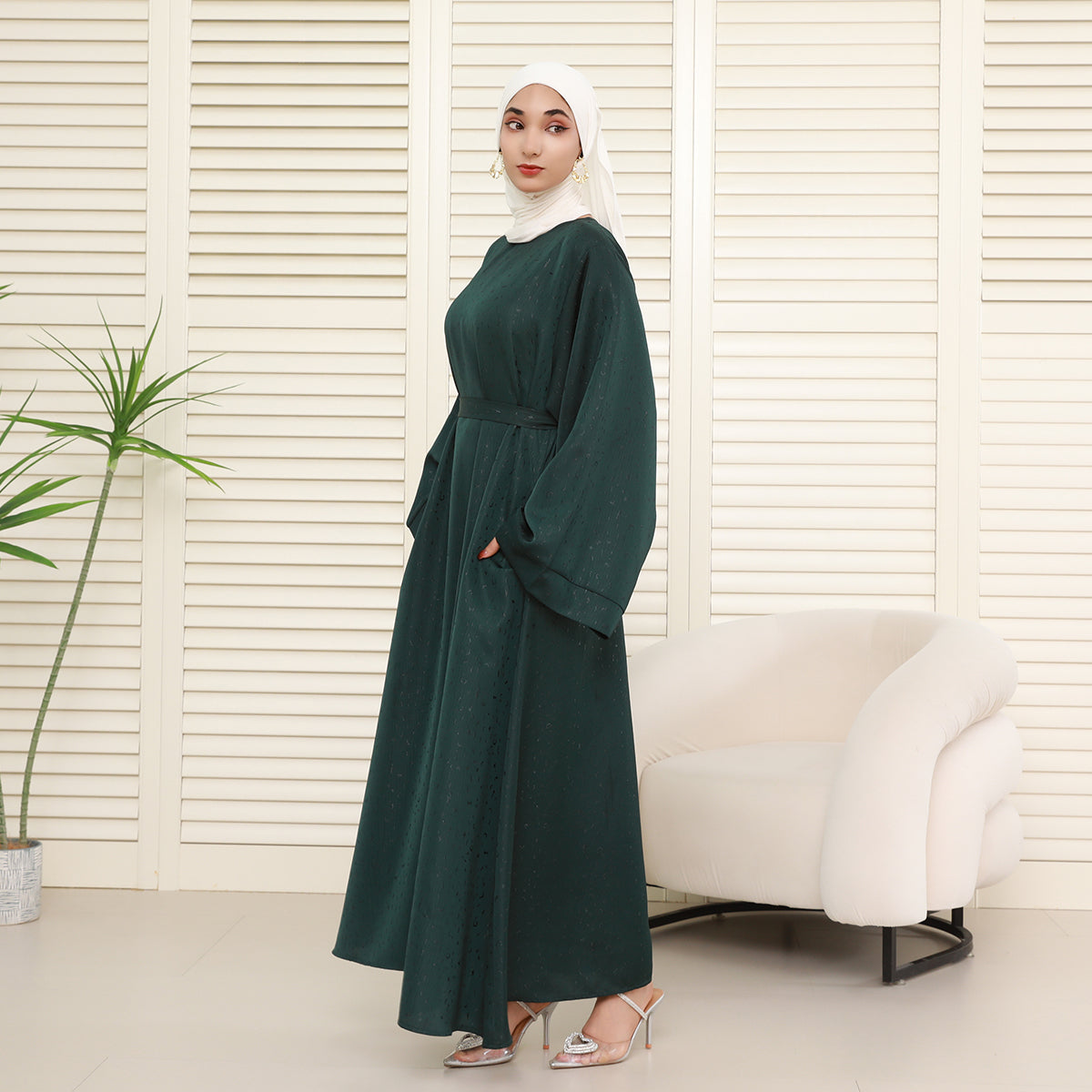 Elegant 3D Jacquard Brocade Belted Maxi Dress Abaya– Luxury Satin Gown for Formal Occasions(NCA019)