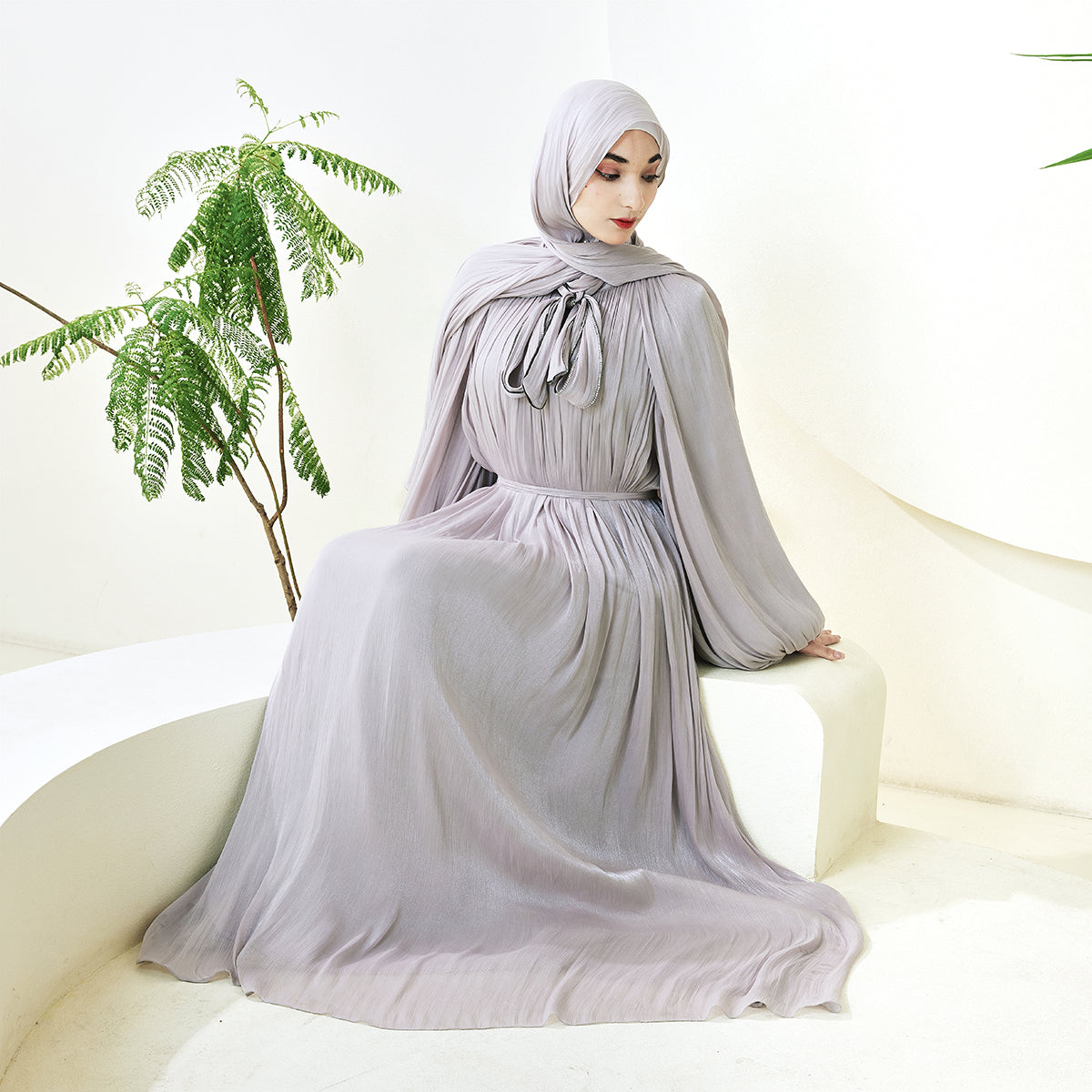 Haffafa Armani Satin Abaya Set – Modest Dress with Matching Belt & Hijab(NCS002)